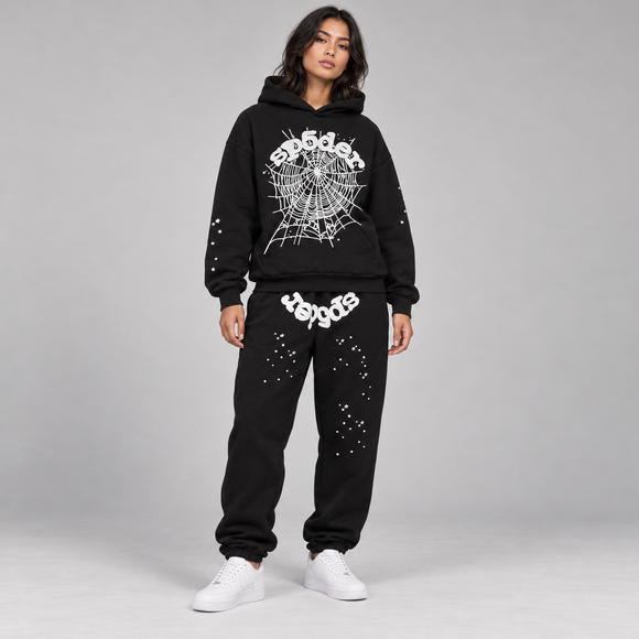 Sp5der OG Web Set Black – hoodie en sweatpants gedragen door een model in de studio