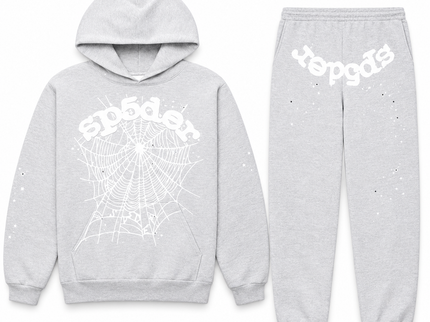 Sp5der OG Web Set Heather Grey – hoodie en sweatpants, vooraanzicht op witte achtergrond