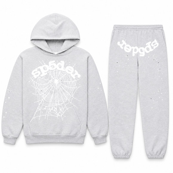 Sp5der OG Web Set Heather Grey – hoodie en sweatpants, vooraanzicht op witte achtergrond