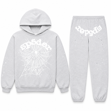 Sp5der OG Web Set Heather Grey – hoodie en sweatpants, vooraanzicht op witte achtergrond