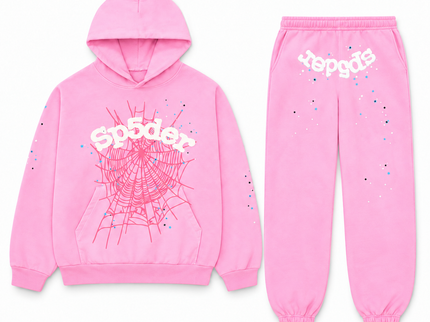 Ensemble Sp5der OG Web Pink – sweat à capuche et jogging, vue de face sur fond blanc