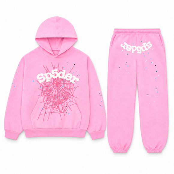 Sp5der OG Web Set Pink – hoodie en sweatpants, vooraanzicht op witte achtergrond