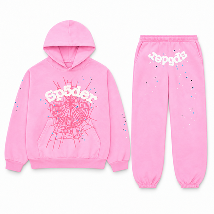 Ensemble Sp5der OG Web Pink – sweat à capuche et jogging, vue de face sur fond blanc