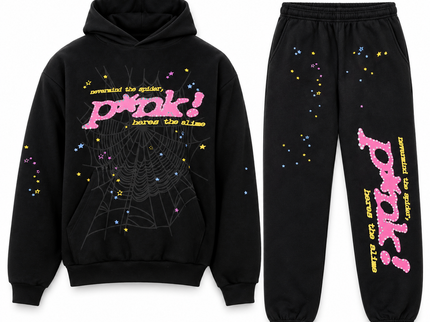 Sp5der P*NK Set Black – hoodie en sweatpants, vooraanzicht op witte achtergrond
