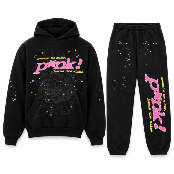 Sp5der P*NK Set Black – hoodie en sweatpants, vooraanzicht op witte achtergrond