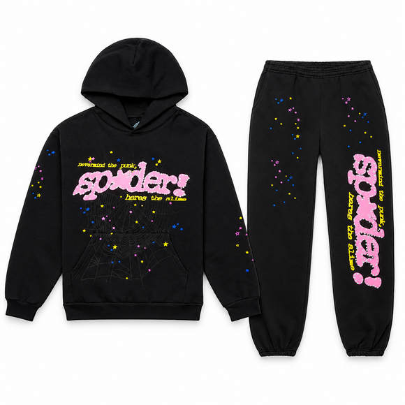 Sp5der P*NK V2 Set Black – hoodie en sweatpants, vooraanzicht op witte achtergrond