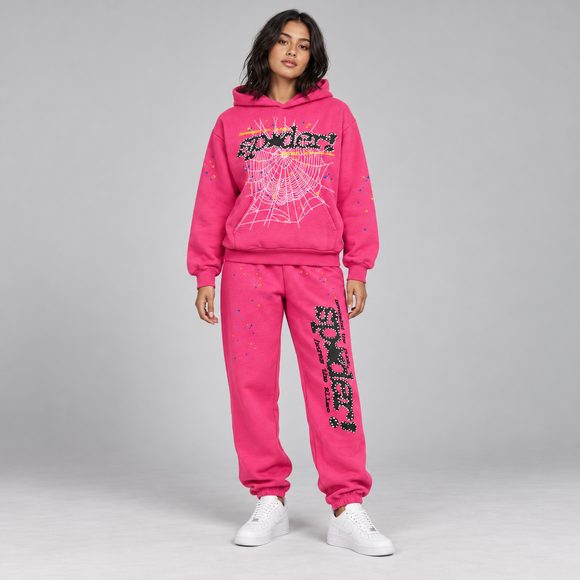Sp5der P*NK V2 Set Pink – hoodie en sweatpants gedragen door een model in de studio