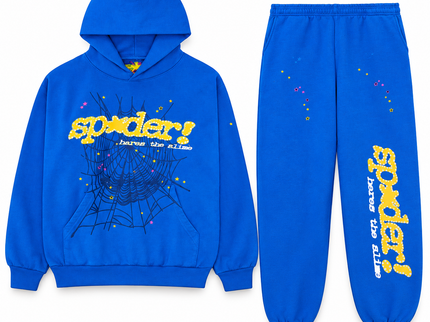 Sp5der TC Set Blue – hoodie en sweatpants, vooraanzicht op witte achtergrond