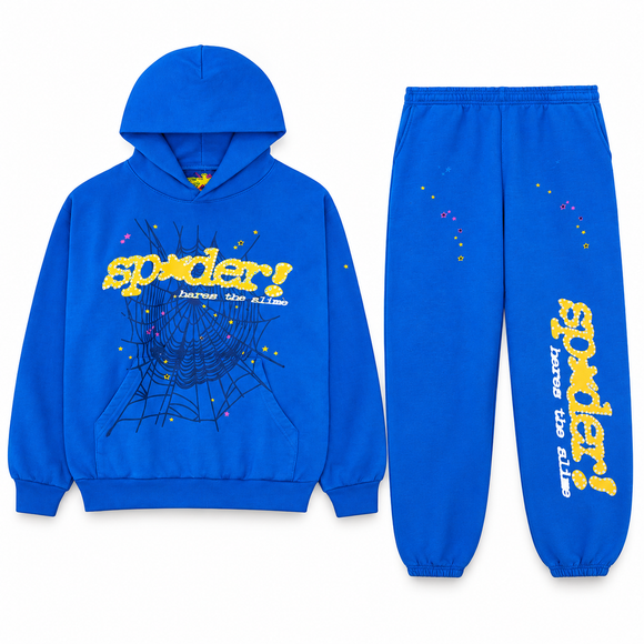 Sp5der TC Set Blue – hoodie en sweatpants, vooraanzicht op witte achtergrond