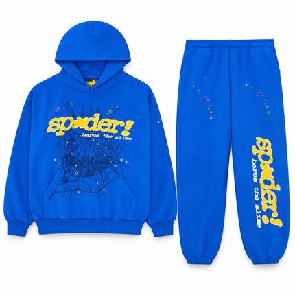 Sp5der TC Set Blue – hoodie en sweatpants, vooraanzicht op witte achtergrond