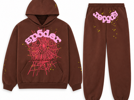 Sp5der Web Set Brown – hoodie en sweatpants, vooraanzicht op witte achtergrond