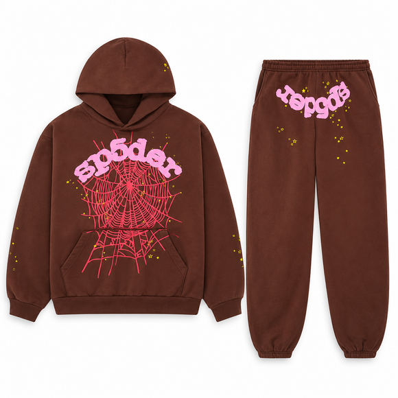Sp5der Web Set Brown – hoodie en sweatpants, vooraanzicht op witte achtergrond