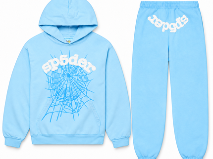 Sp5der Web Set Sky Blue – hoodie en sweatpants, vooraanzicht op witte achtergrond