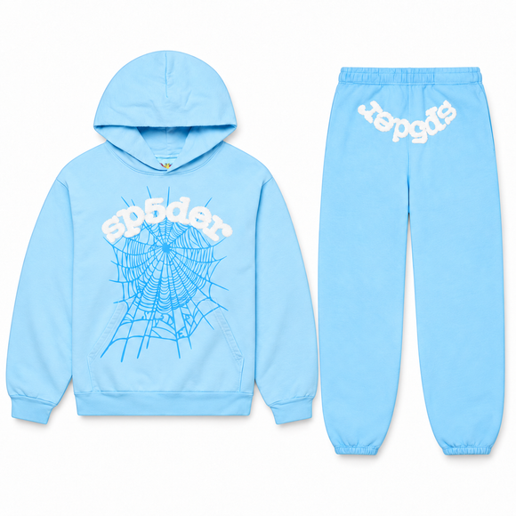 Sp5der Web Set Sky Blue – hoodie en sweatpants, vooraanzicht op witte achtergrond